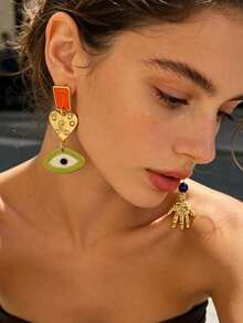 ZAA Mixed‑Style Evil Eye Hamsa Hand Dangle Earrings, Vintage Sculpted Gold Drop Earrings, Boho Colorful Enamel Statement Jewelry For Women - Evil Eye - View 6