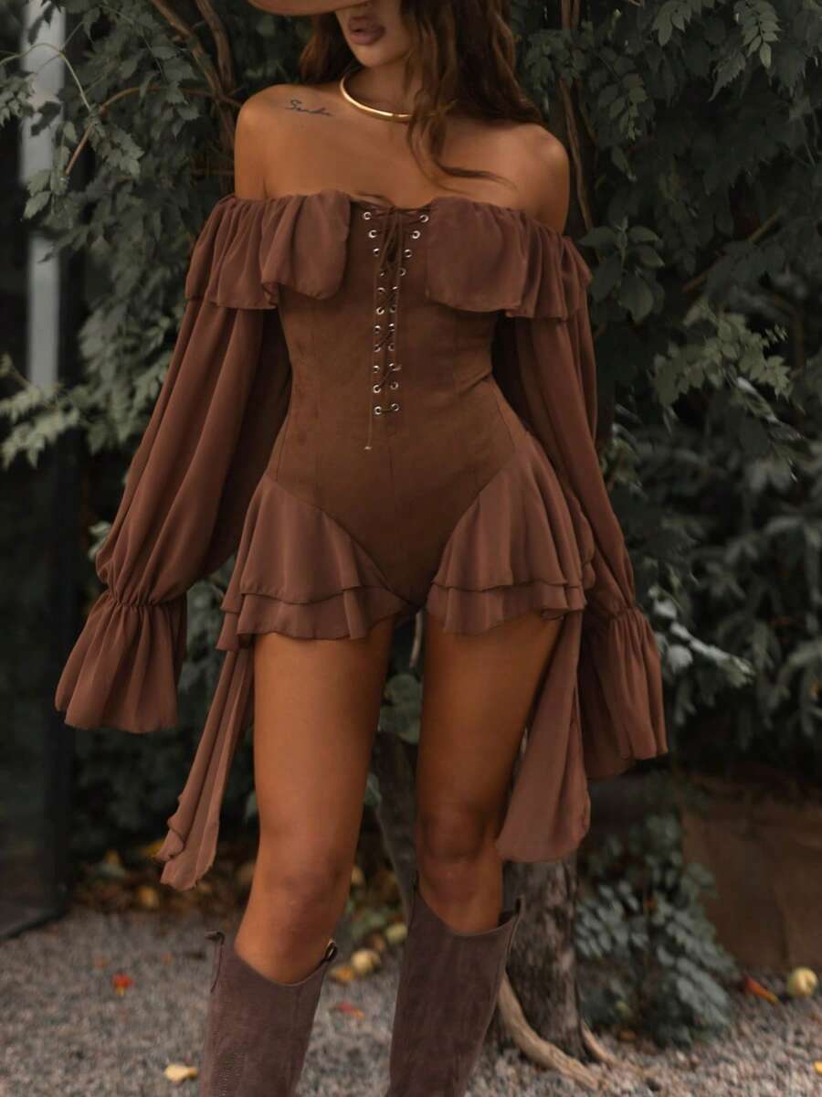 Fitted Cold Shoulder Party Dress For Women Sexy Long Sleeve Short Knitted Material With Corset Style, Perfect For Fall - Brown - View 1