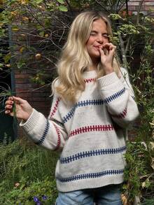 Sweater Rajut Desain Retro Musim Gugur/Musim Dingin, Pullover Leher Bulat, Blus Kasual Bahu Jatuh Bergaris, Atasan Rajut Lengan Panjang - Light Grey - View 10
