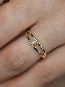 18K Gold Plated Double Ring Rhinestone Studded Gold Ring, French Style Ring, Women's Luxury Gift Jewelry - Gold - View 3