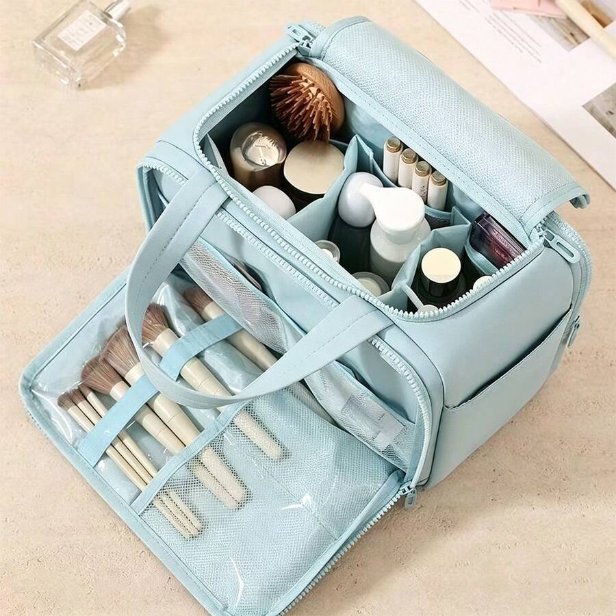 1pc Large Capacity Cosmetic Bag, Portable Handheld Storage Bag, Dry & Wet Separation Travel Bag, Compartment Storage Toiletry Bag, Can Be Hung On Luggage