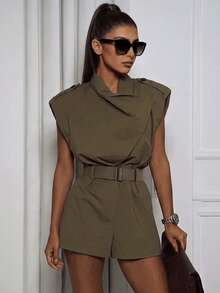 Jumpsuit ngắn nữ màu trơn vải dệt không tay, thiết kế có thắt lưng và dây đeo vai, kiểu áo sơ mi casual phong cách Boho cho mùa hè - xanh quân đội - Xem 1