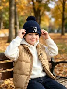 1pc Pom Pom Knit Hat, Suitable For Baby Boys, Baby Girls, Children, Simple Style Winter Warm Hat, Suitable For Outdoor Activities And Daily Commute. - Navy Blue - View 3