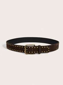 Hershine 1pc Vintage Distressed Gold Rivet Decor Brown Suede Women's Belt, Western Hot Girl Style Faux Suede Material Buckle Belt, Double Row Rivet Cool Design, Vintage Bronze Buckle Faux Suede Texture Belt, Personalized Double Row Rivet Decoration, Flattering Waistline Enhancing Outfit Atmosphere, Versatile Accessory For Jeans And Dresses, Suitable For Spring And Autumn Daily Wear - Brown - View 4