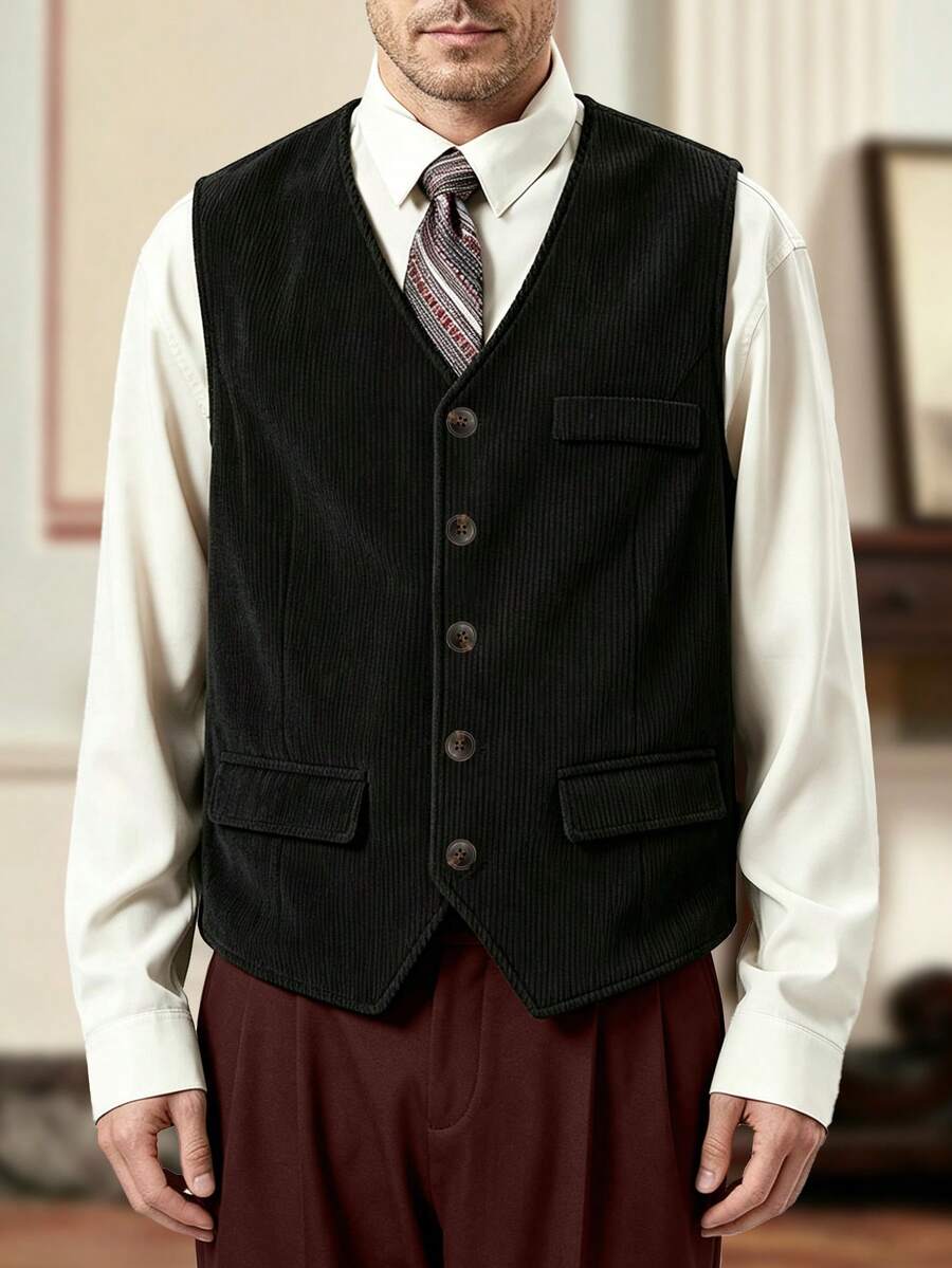 Men's Solid Color Suit Vest Waistcoat With Faux Pockets, Fashionable Minimalist Business Casual Style