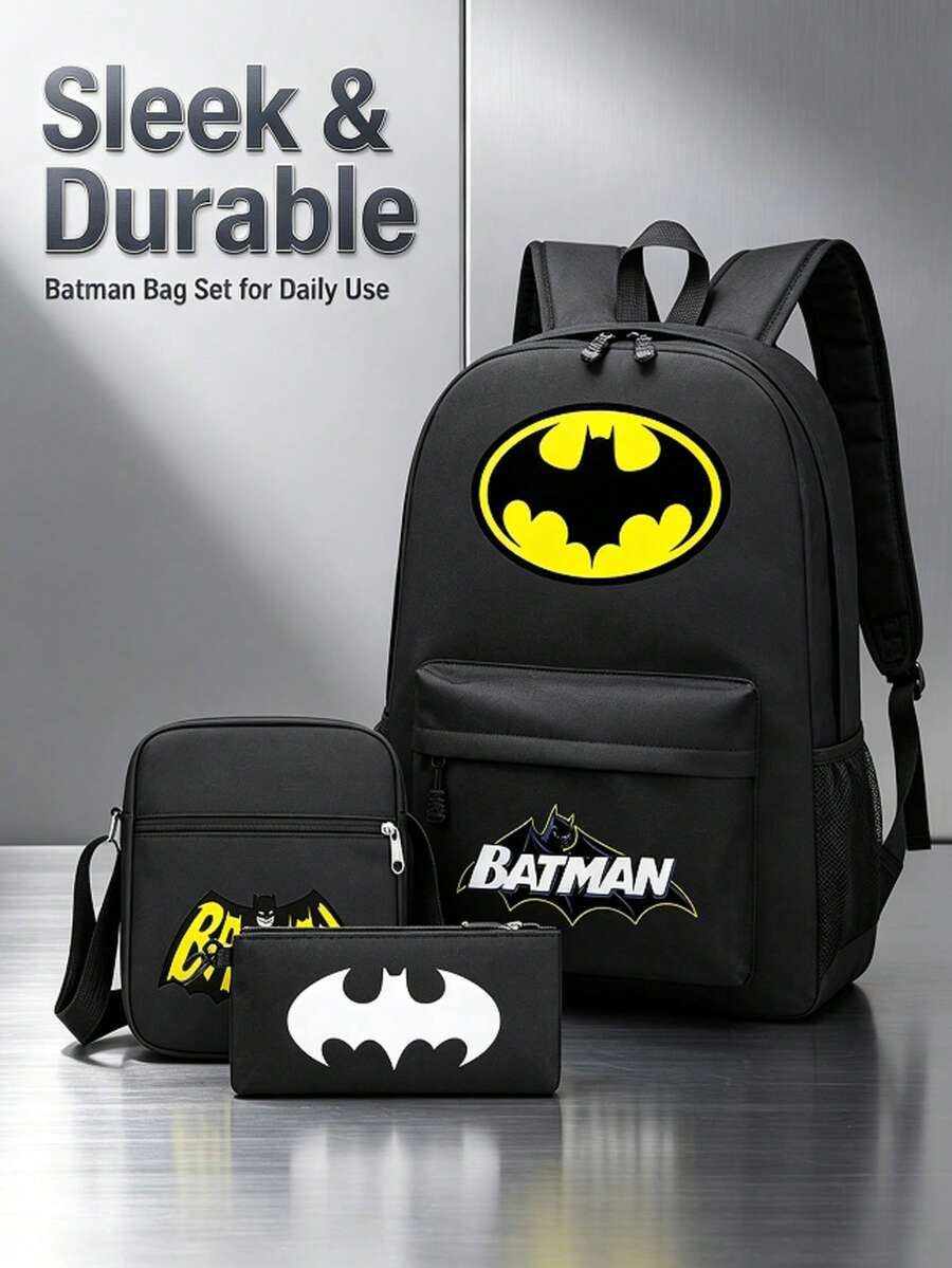 Warner Bros مجموعة WB Batman من 3 قطع، حقيبة ظهر كاجوال، حقيبة ظهر طلابية بأسلوب جامعي عصري مع طباعة، حقيبة ظهر خارجية بسعة كبيرة، حقيبة ظهر كرتونية لطيفة، العودة إلى المدرسة، هدية عيد الهالوين، هدية عيد الميلاد، حقيبة عيد الهالوين - متعدد الألوان - مشاهدة 1