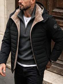 Men's Winter Casual Daily Stand Collar Detachable Hooded Fleece Jacket - Black - View 2