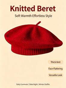 1pc Women's Knitted Beret, Ribbed Edge Pure Red French Beret, Warm Soft Elastic Knitted Hat, Suitable For Daily, Street, Cafe Outings, Autumn/Winter Vintage Fashion Accessory - ECG Pattern Beret - View 4