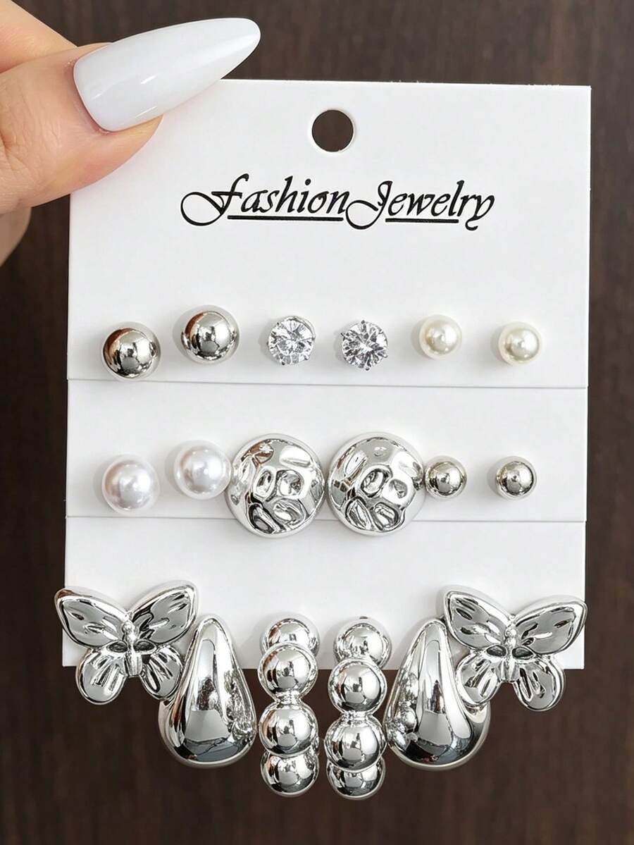 NAIZHU 9 Pairs Fashion Silver-Tone Butterfly Water Drop Earrings Set Suitable For Daily Wear, Dating And Party - Silver - View 1