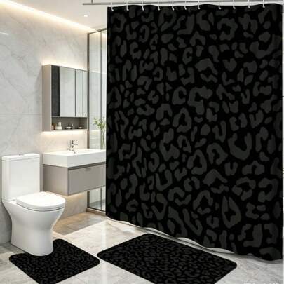 4PCS Leopard Pattern Print Shower Curtain Set, Stylish Bathroom Decoration, Soft Fabric Shower Curtain, Toilet Lid Cover Pad, Bathroom Non-Slip Bath Mat, 12 Plastic Hooks, 71x71 Inches