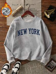 Es Trus Plus, Autumn And Winter Women's "NEW YORK" Pattern Printed Street Fashion Korean Y2k Clothing Gray Plus Size Round Neck Sweatshirt - Grey - View 2