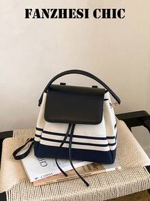 Handbag, Minimalist Striped Drawstring Bucket Backpack, Supports Hand-Carry And Shoulder-Carry, Flap + Drawstring Combination Design Balances Aesthetics And Practicality, Sleek And Compact Without Being Bulky, Fresh And Healing Color Palette Suitable For Spring And Summer Outfits, Versatile Casual Small Bag Perfect For School And Travel - Black - View 1
