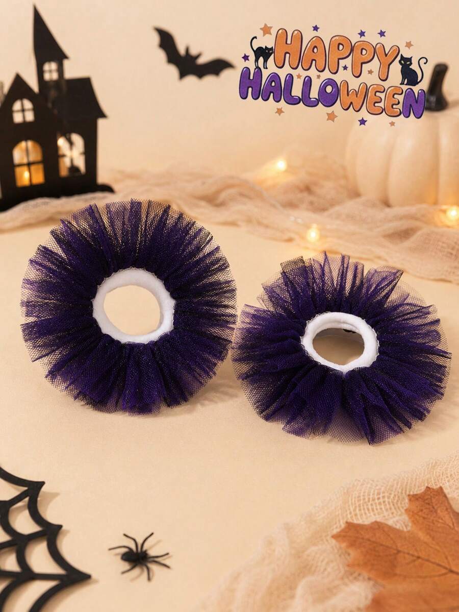 2pcs Halloween Purple Black Mesh Hair Ties For Kids - Multicolor - View 1
