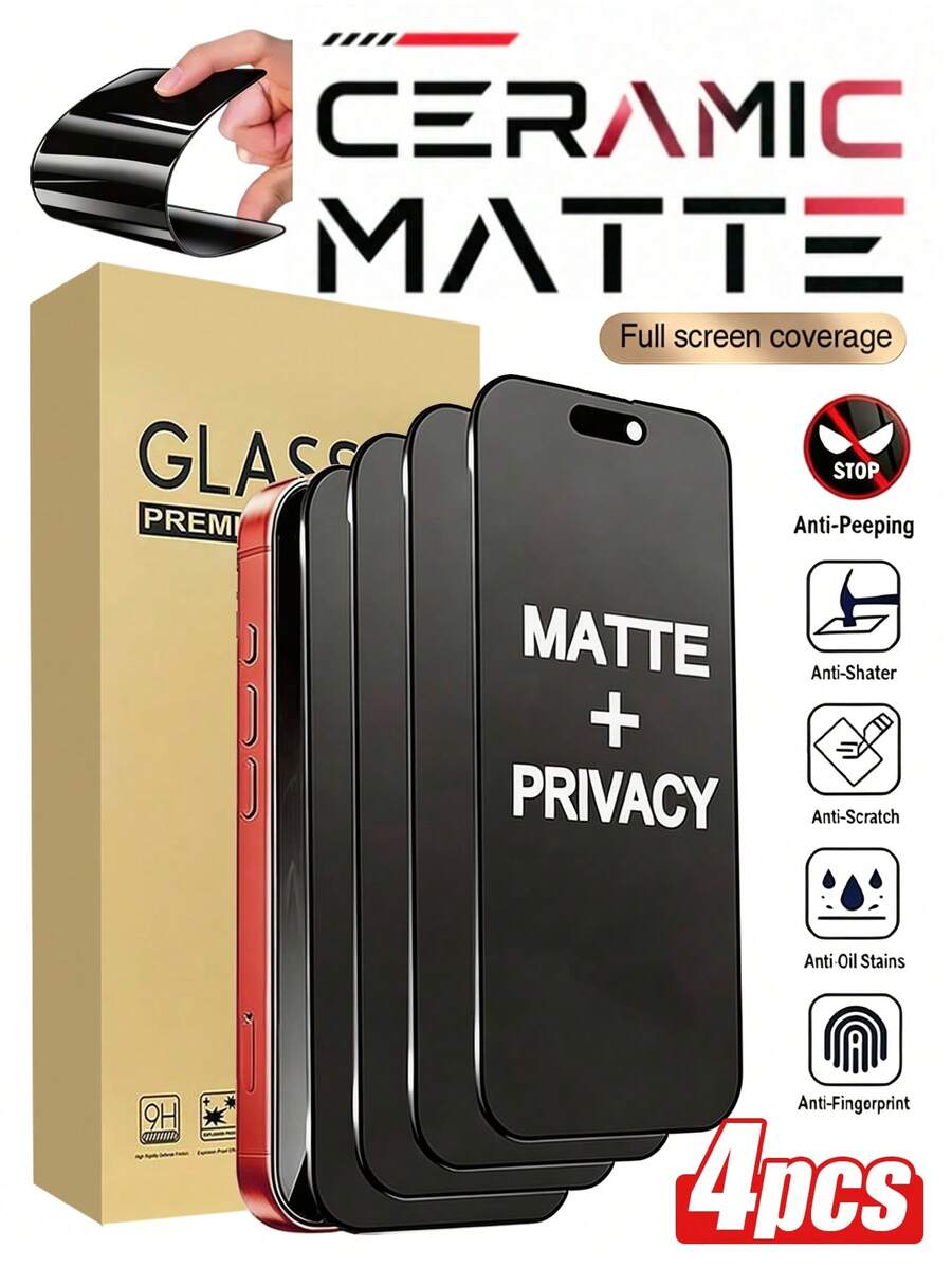 4pcs Ceramic Matte Anti-Peeping Screen Protector, Anti-Glare, Anti-Fingerprint, Anti-Scratch, Anti-Drop, Easy Installation, Shatter-Resistant, Compatible With IPhone Ultra/18 Pro Max/18 Pro/18/17 Pro Max/17/17 Pro/17 Air/16 Pro Max/16/16 Pro/16 Plus/15 Pro Max/15/15 Pro/15 Plus/14 Pro Max/14/13/12/11/11 Pro Max Full Series - Black - View 1