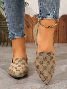 Khaki Monogram Print Women's Flat Shoes, Simple Pointed‑Toe Slip‑Ons, Versatile Casual Footwear For Daily Commuting - Khaki - View 5