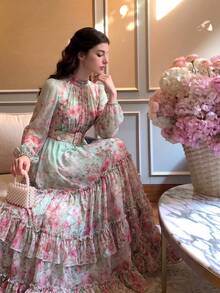 Women's Elegant Modern Romantic Floral Long Sleeve Ruffle Patchwork Design Slimming Elegant Dress - Mint Green - View 2