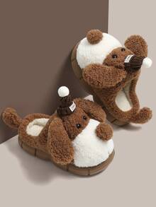 Women's Winter Indoor Plush Slippers, Slip-On, Cartoon 3D Hat Puppy Doll Decor, Fuzzy Bedroom Fun Slippers - Light Brown - View 6