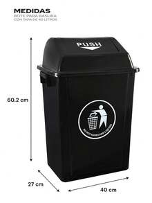 Bote de Basura Plastico 40 Litros con Tapa Balancin Push Contenedor de Residuos Cesto Organizador para Desechos Interiores - Negro - Ver 6