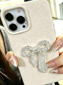 1pc Cream White Personalized Full Coverage TPU Shockproof Phone Case Compatible With Apple 17 16 15 14 13 12 11 Pro Max - Off-white Large Bow - View 1
