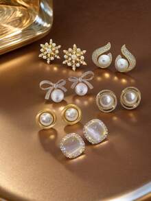 Elegant Pearl Earring Set With Multiple Styles Of Rhinestone Earrings And Sparkling Crystal Bow Earrings, Suitable For Daily Wear As Holiday Gifts - Multicolor - View 1