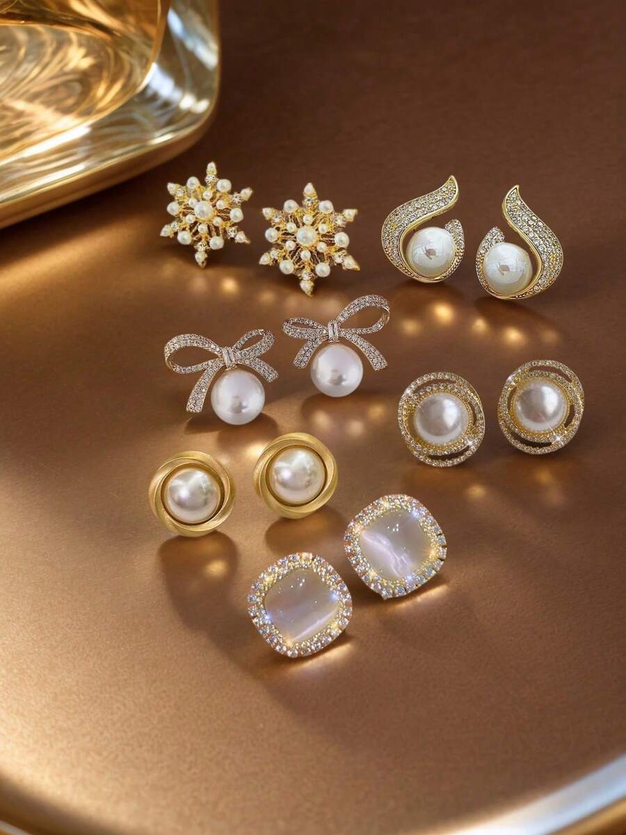 Elegant Pearl Earring Set With Multiple Styles Of Rhinestone Earrings And Sparkling Crystal Bow Earrings, Suitable For Daily Wear As Holiday Gifts - Multicolor - View 1