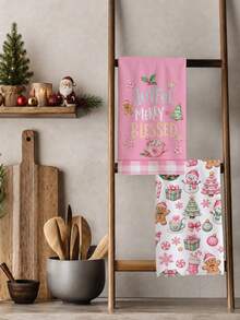 2pcs Cartoon Pink Christmas Elements Gingerbread Man Snowman Candy Pattern Kitchen Towels, 40*60cm Soft Microfiber Material Tea Towels, Suitable For Home Kitchen Restaurant Outdoor Camping Tabletop Cleaning Dish Cloth Hand Towel Accessories, Cute Christmas Theme Kitchen Towels Holiday Gift - Multicolor - View 6