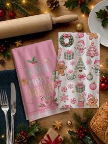 2pcs Cartoon Pink Christmas Elements Gingerbread Man Snowman Candy Pattern Kitchen Towels, 40*60cm Soft Microfiber Material Tea Towels, Suitable For Home Kitchen Restaurant Outdoor Camping Tabletop Cleaning Dish Cloth Hand Towel Accessories, Cute Christmas Theme Kitchen Towels Holiday Gift - Multicolor - View 9
