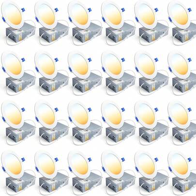 4inch 24/12/6-Pack Slim LED Recessed Lights With Junction Box, Adjustable Color Temperatures (2700K-3000K-3500K-4000K-5000K), Dimmable,  High Brightness, Home Lighting, Room, Living Room, Kitchen Lighting
