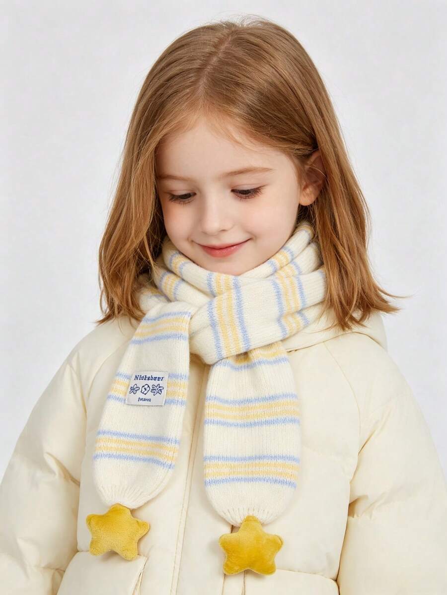 Striped Star Pom Pom Kids Scarf, Autumn/Winter College Style Versatile Decorative Thick Warm Neck Warmer - A - View 1