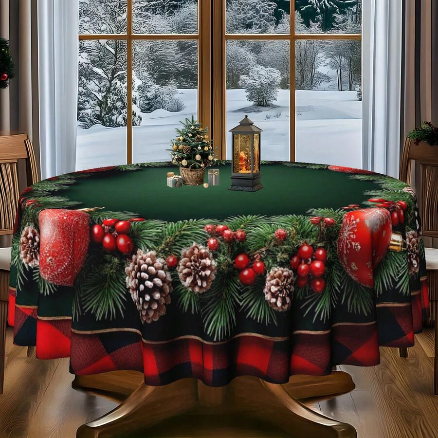 1pc Round Christmas Tablecloth With Plaid And Wreath Pattern, Decorated With Pinecones And Berries, Ideal For Christmas Party - A - View 1