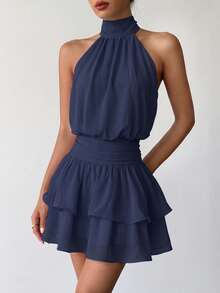 Elegant Fashion Halter Neck Backless Layered Ruffle Mini Dress Wedding Party Fall - Navy Blue - View 5