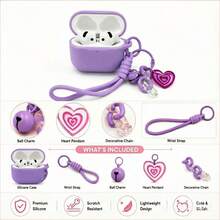 Silicone Earbud Protective Case Compatible WithAirPods Pro 3/Pro 2/Pro, Paired With TheAirPods 5/4/3/2/1 Colorful Heart-Shaped Bell Set, Featuring A Floral Chain Protective Shell. - Light Purple - View 5