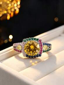 1pc Women's Fashion Vintage Square Pillow Ring, Exquisite Fully Set Zirconia Craft, Decorative Finger Ring Accessory For Date And Occasion - Ring - View 4