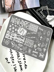 1pc Dark Night Spider Shadow Print Steel Plate, Multiple Spider Web, Skull, Snake, Python, Feather Thorn Rose, Moon Fireworks, 50+ Embossed Patterns, Halloween Costume Party Makeup Template, Dark Gothic Makeup Artist Creative Tool, One-Time Transfer Print, Suitable For Nail Salon And Home Use, Affordable DIY Beginner Item, Shiny Metallic Silver Texture - Multicolor - View 3