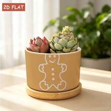 Minimalist Gingerbread Man Silhouette Ceramic Planter, 3.62X3.62X2.68 Inch Small Plant Container, Light Brown Solid Color Background, Perfect For Indoor Succulents, Desktop Greenery And Home Decor Display, Gardening Gift - A - View 5