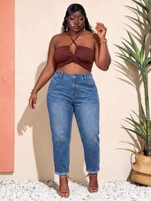 Plus Size Washed Denim Mom Jeans, Cropped Length With Pockets And Zipper, Suitable For Daily Wear, Fashionable And Versatile - Blue - View 7