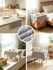 MineLain 1pc European Minimalist Grey Wavy Pattern Small Square Tablecloth, Beige Tassel Decoration, Bedside Table, Small Table Cover, Easy To Carry, Tabletop Decor, Room Decor, Daily Home Decor, Suitable For Bedroom, Living Room, Study, Picnic, Camping, Outdoor Decor, All Season, Autumn Decor - Grey - View 3