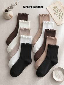 5/10 Pairs Random Neutral Earth Tone Ruffle Mid-Calf Socks, Autumn Daily Socks, Autumn Travel Halloween Soft Casual Socks, Suitable For Students, Halloween Gift - Multicolor - View 11