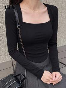 ARA CHIC Women's Black 2 In 1 Square Neck Long Sleeve Ribbed Knit Slim Fit Sexy Blouse For Autumn - Black - View 6