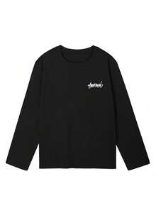 Women's Fashion Autumn/Winter Loose Minimalist Versatile Letter Print Long Sleeve T-Shirt - Black - View 5