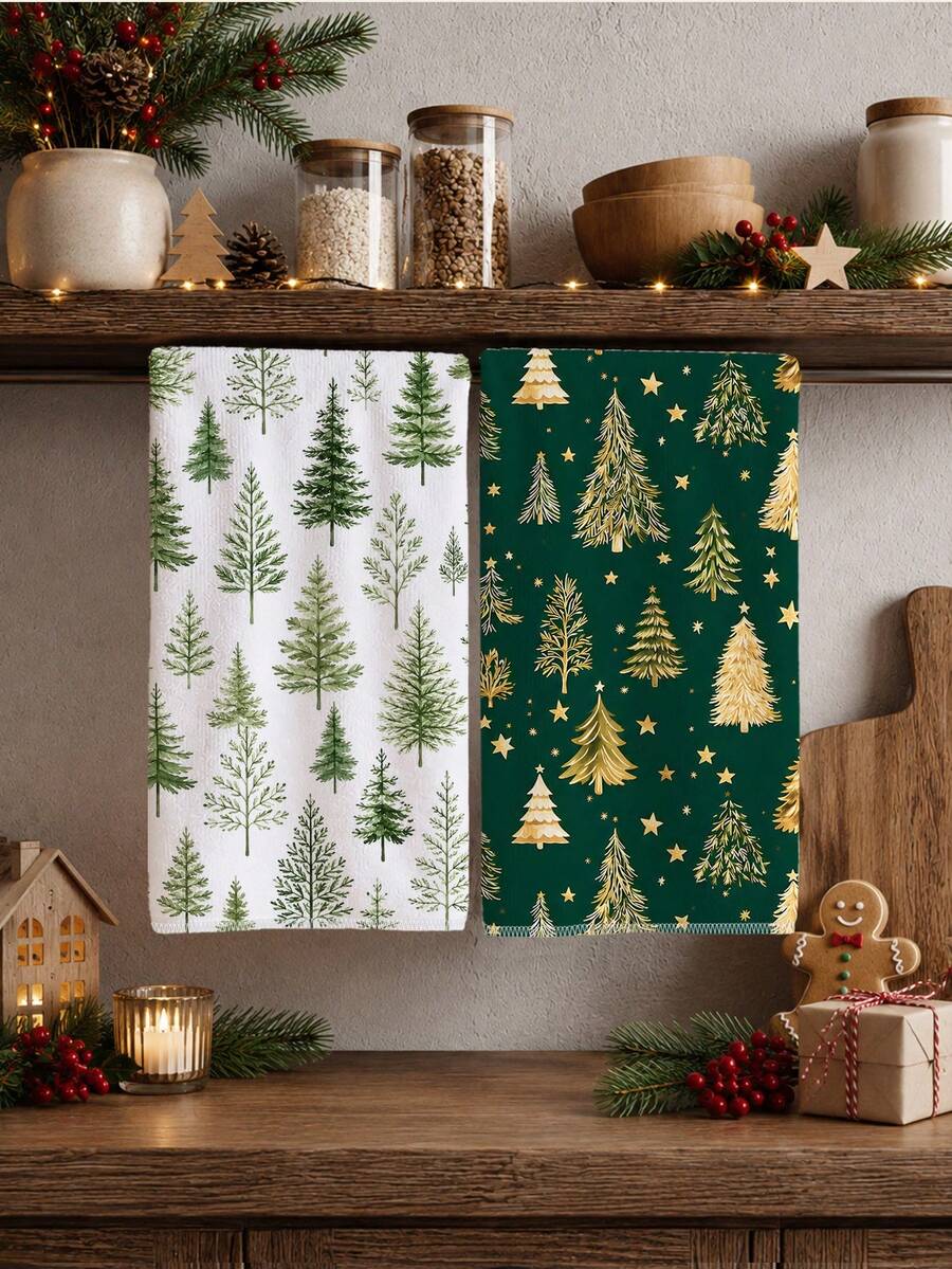 2 buah Handuk Dapur Motif Pohon Natal Hijau & Emas, Kain Lap Piring Poliester Lembut, Cocok untuk Dekorasi Dapur, Pembersihan Dapur, Dekorasi Pesta Liburan, Perlengkapan Dapur & Kamar Mandi, Kebutuhan Rumah Tangga, Dekorasi Rumah, Hadiah Pindah Rumah - MultiWarna - View 1