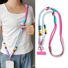 1PC Dopamine 3-In-1 Wooden Bead Colorblock Braided Phone Lanyard, Long Adjustable Crossbody Neck Wrist Strap, Multi-Functional Outdoor Hiking Portable Travel Shopping Bag Case Camera Shoulder Strap New Arrival - Multicolor - View 2