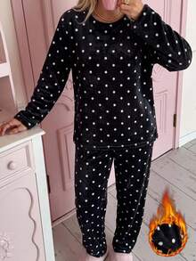 2pcs Women Winter Mini Polka Dot Print Flannel Fleece Warm Long Sleeve Pants Pajama Set - Black - View 1