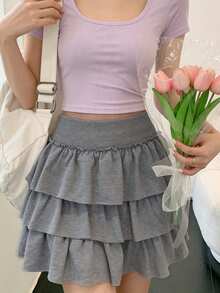 Sweet Solid Color Cake Skirt, Elastic Waist, Multi-Layer Ruffle Hem, Slimming, Anti-Exposure, Fluffy Skirt - Grey - View 7
