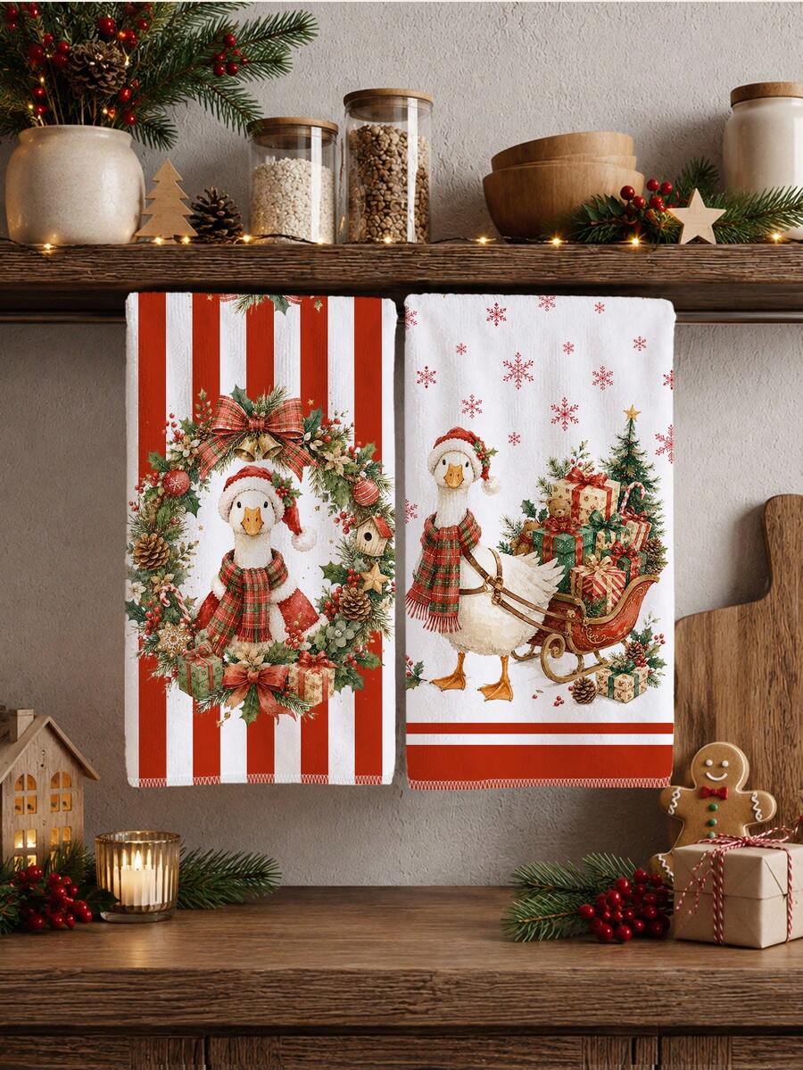 2pcs Christmas Goose Sleigh Gift Pattern Kitchen Towels, Soft Polyester Dish Cloths, Suitable For Kitchen Decor, Kitchen Cleaning, Holiday Party Decoration, Kitchen & Bathroom Supplies Home Essentials, Home Decor, Housewarming Gift - Multicolor - View 1