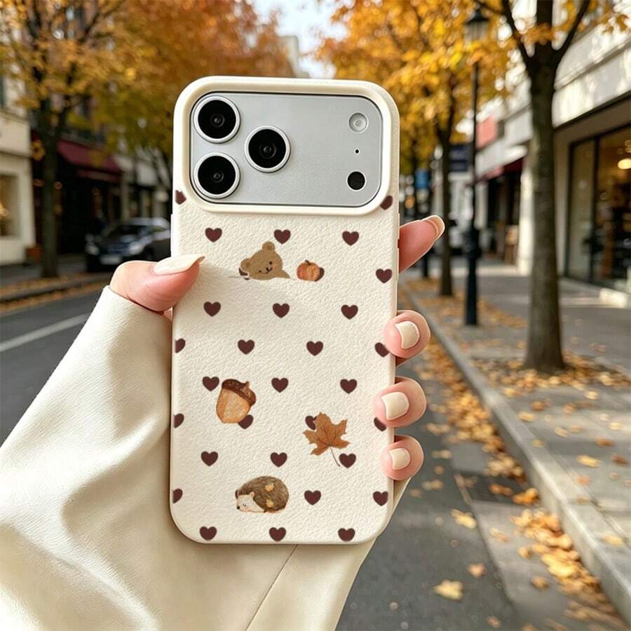 TPU Material Autumn Bear & Hedgehog Pattern Phone Case Compatible With IPhone 17 Pro Max/17/16 Pro Max/15/13/12/11/ S20 FE/A15/S24/A55/ Note 11/Note 12/Note 13 Pro Full Coverage Shockproof Soft Protective Shell - White - View 1