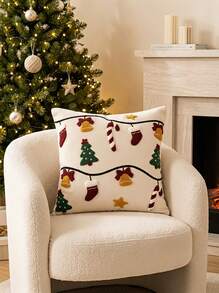Cirelle 1pc Christmas Tufted Embroidered Pillow Case, 18x18 Inch Soft Plush Christmas Tree, Bell, Christmas Stocking, Candy Cane And Star Decorative Cushion Cover, Suitable For Sofa Bed, Holiday Home Decor, Without Insert - Beige - View 3