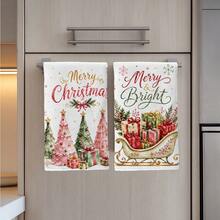 2pcs Pink Christmas Tree & Sleigh Pattern Kitchen Towels, Watercolor Style, Rectangular Microfiber Kitchen Towels, Dish Cloths, Scouring Pads, Hand Towels, Cooking & Baking Tea Towels, Christmas Kitchen Decor, Housewarming Gift, Birthday Gift, Bathroom Cleaning Cloths, Decorative Towels - Pink - View 6