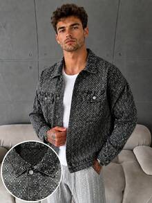 Áo khoác denim nam màu đen họa tiết hoa, cổ bẻ, nhiều túi, cài nút bấm, dáng rộng vai trễ, phong cách vintage, áo khoác ngoài - Màu xám đen - Xem 1