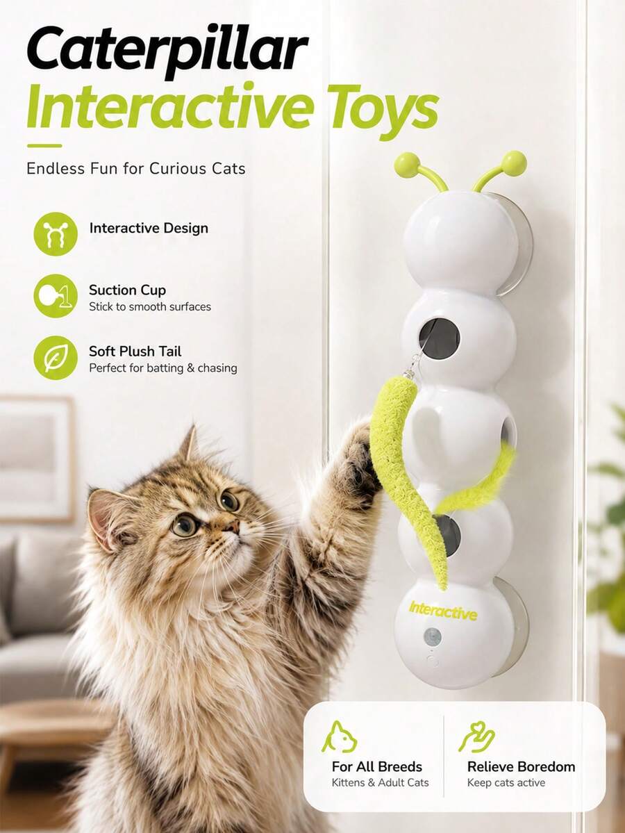 Interactive Cat Toy For Indoor Cats, Automatic Motion Sensor Fluffy Tail Cat Toy, Electric Teaser Wand, Suitable For Kittens And Bored Cats, USB Rechargeable Caterpillar Toy With Suction Cup